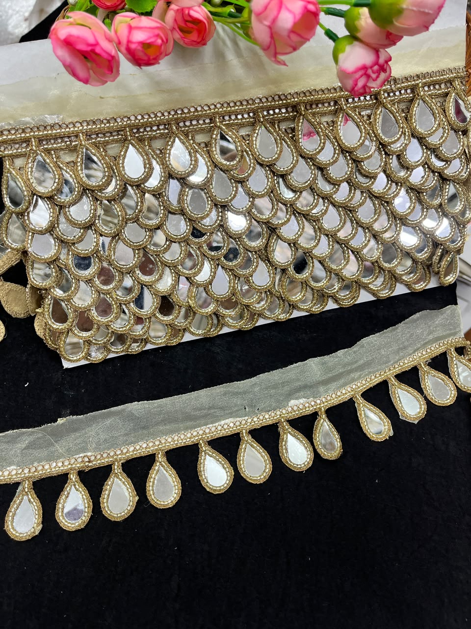 Hanging Mirror Lace for Sarees, Lehengas, Dupattas & Blouses – Designer Decorative Mirror Work Latkan Lace (1.5 Inch) | DC1036 | Antique