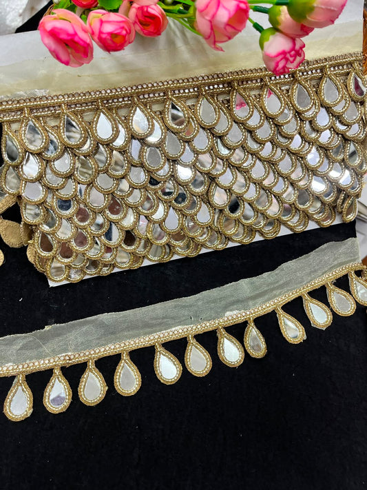 Hanging Mirror Lace for Sarees, Lehengas, Dupattas & Blouses – Designer Decorative Mirror Work Latkan Lace (1.5 Inch) | DC1036 | Antique