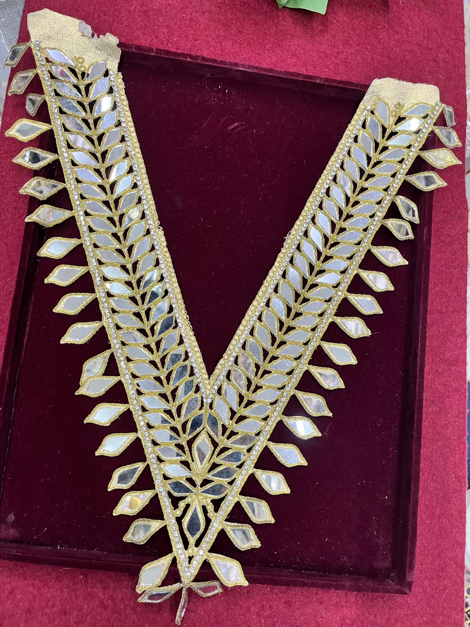 Real Mirror Work Neck Patch for Kurtis, Dresses & Blouses – Designer Handcrafted Mirror Neckline Applique | DC0985 | Antique