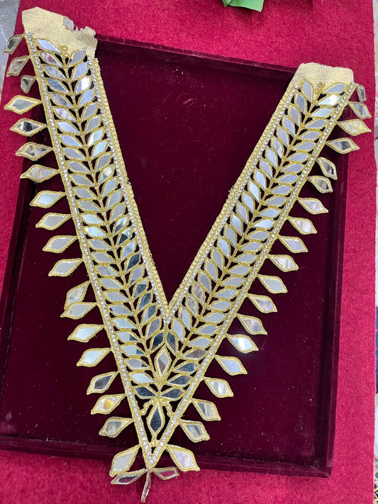 Real Mirror Work Neck Patch for Kurtis, Dresses & Blouses – Designer Handcrafted Mirror Neckline Applique | DC0985 | Antique