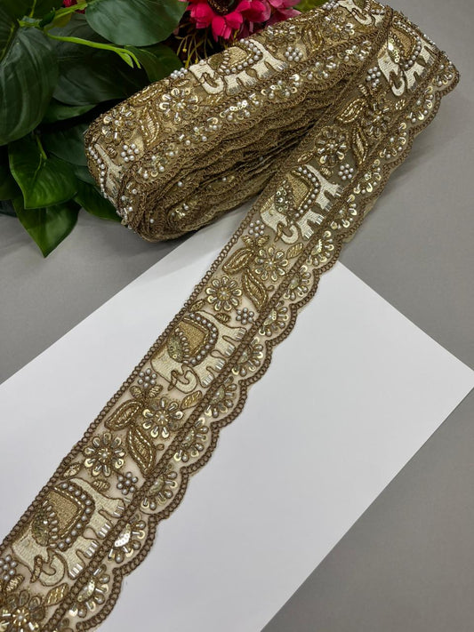 Elephant Design Beaded & Zari Work Embroidered Lace – Premium 3 Inch Gold Embroidered Decorative Border for Bridal & Festive Wear (9 Meter) | Antique