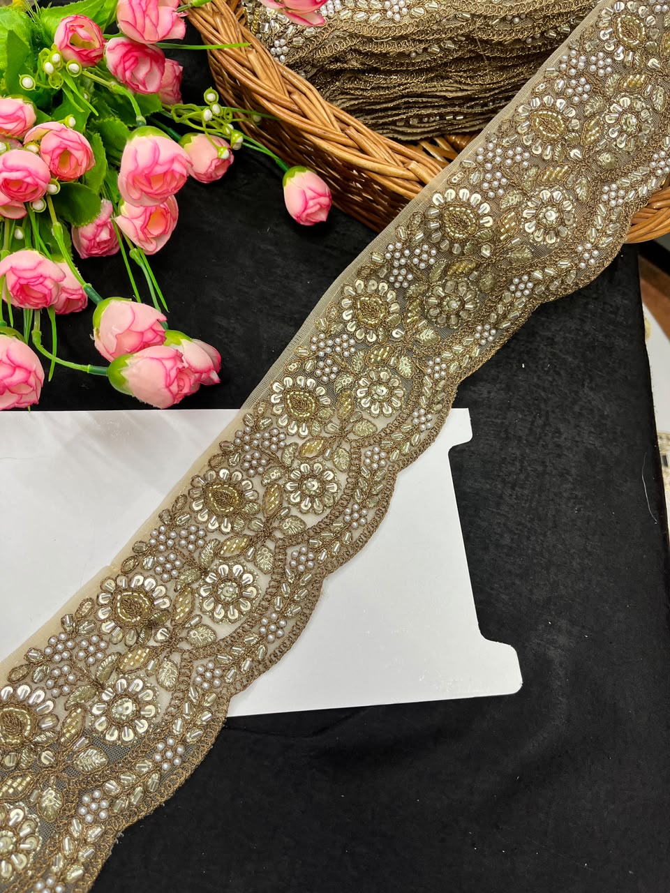 Golden Maggam Work Lace for Sarees, Lehengas, Dupattas & Blouses – Designer Embroidered Maggam Lace Border (3 Inch) | DC1053 | Antique