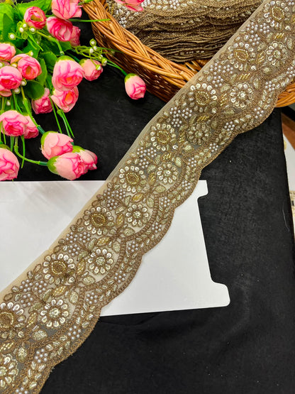Golden Maggam Work Lace for Sarees, Lehengas, Dupattas & Blouses – Designer Embroidered Maggam Lace Border (3 Inch) | DC1053 | Antique