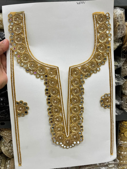 Designer Zardozi Mirror Work Neck Patch for Kurtis, Dresses & Blouses – Premium Handcrafted Embroidered Neckline Applique | DC1006 | Antique