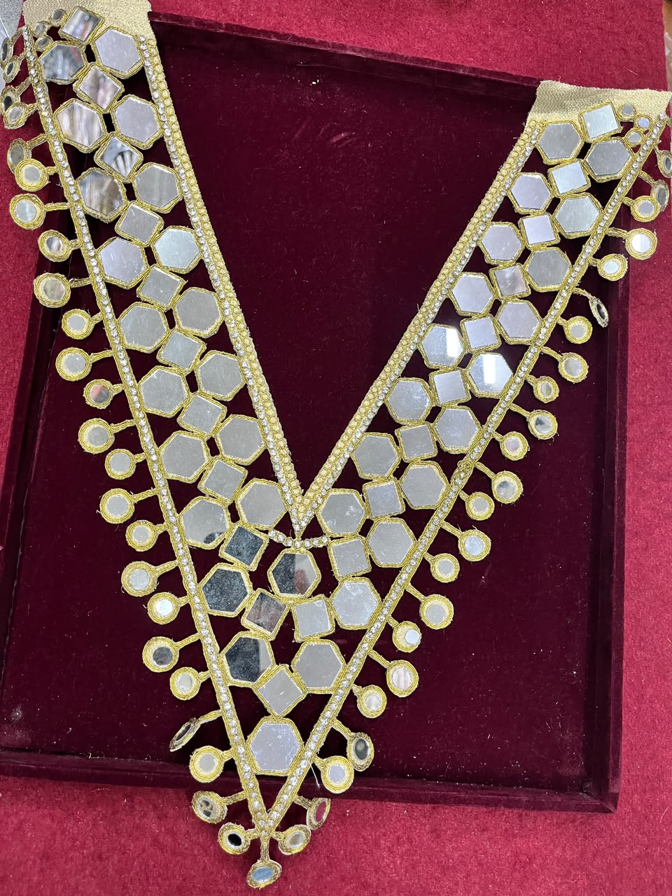 Real Mirror Work Neck Patch for Kurtis, Dresses & Blouses – Designer Handcrafted Mirror Neckline Applique | DC0986 | Antique