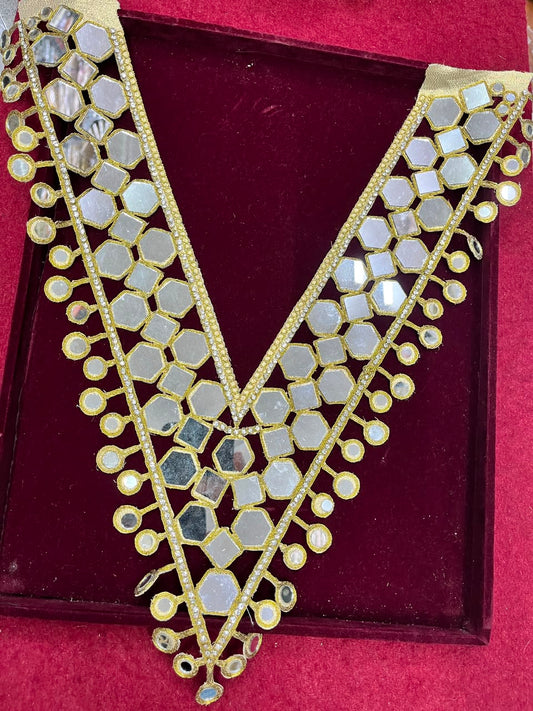 Real Mirror Work Neck Patch for Kurtis, Dresses & Blouses – Designer Handcrafted Mirror Neckline Applique | DC0986 | Antique