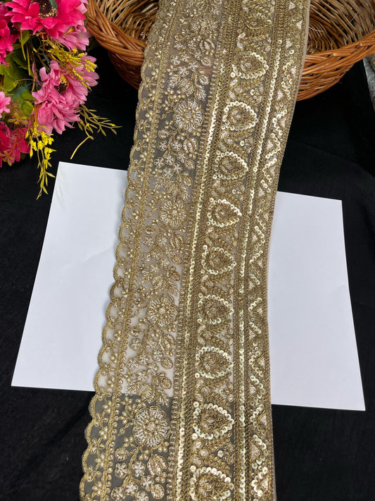 Sequins Gold Embroidered Lehenga Lace Border – 9 Meters, 6-Inch Heavy Bridal Trim for Sarees, Dupattas & Ethnic Wear - Antique