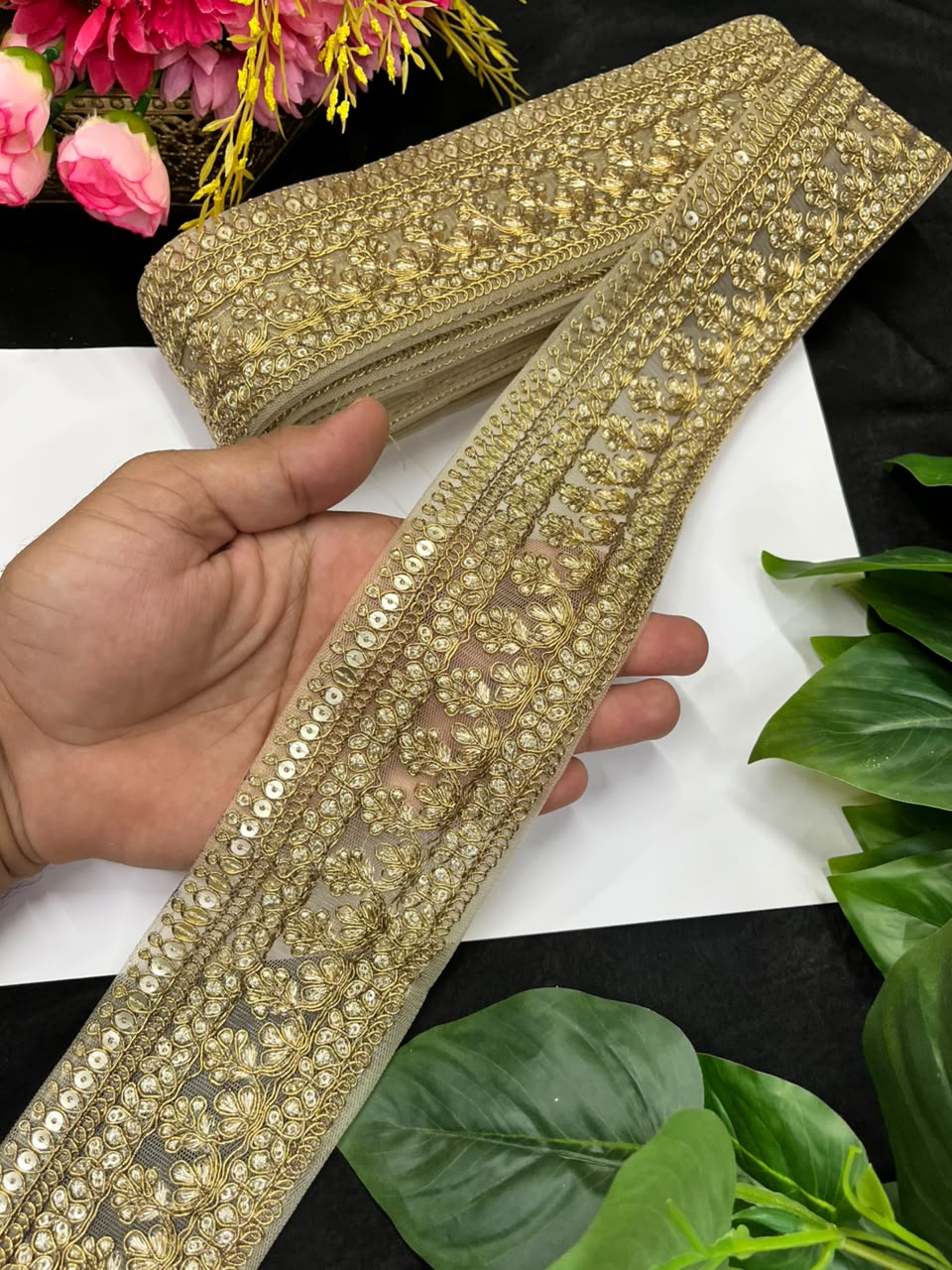 Golden Zari Embroidered Lace for Sarees, Lehengas & Dupattas – Premium Designer Embroidered Lace Border for Boutique Owners & Fashion Designers (3 Inch) | Antique