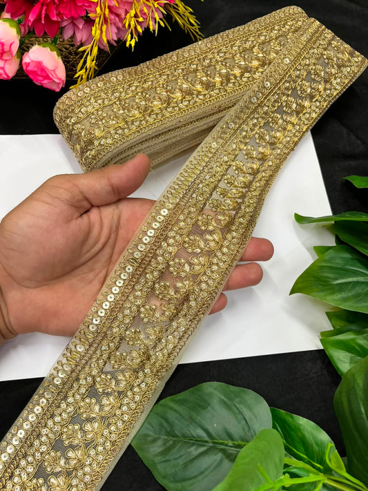 Golden Zari Embroidered Lace for Sarees, Lehengas & Dupattas – Premium Designer Embroidered Lace Border for Boutique Owners & Fashion Designers (3 Inch) | Antique