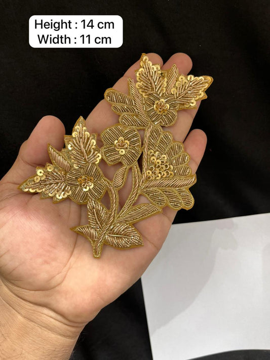 Handcrafted Leaf Zardozi Patch for Sarees, Lehengas & Blouses – Designer Embroidered Leaf Applique Patch | Antique