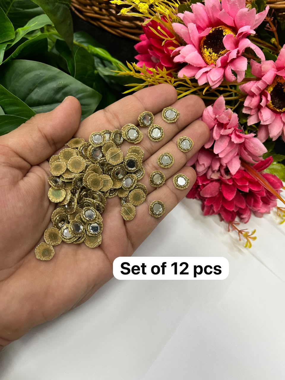 Handcrafted Zardozi Mirror Work Round Patches for Sarees, Dupattas, Lehengas & Blouses – Decorative Appliqué Set of 12 | DC1021 | Antique