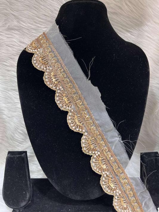 Scalloped Zardosi Handcrafted Lace – 9 Meters, 1.5-Inch Embellished Handmade Border for Sarees & Lehengas | Antique