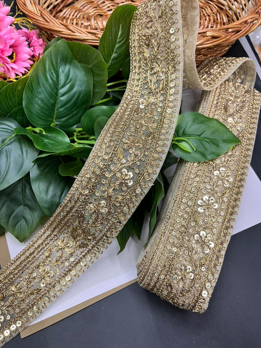 Embroidered Zari Lace Border for Saree, Lehenga & Craft Projects – Heavy 3 Inch Designer Embroidery Lace for Ethnic Wear (9 Meter) | Antique