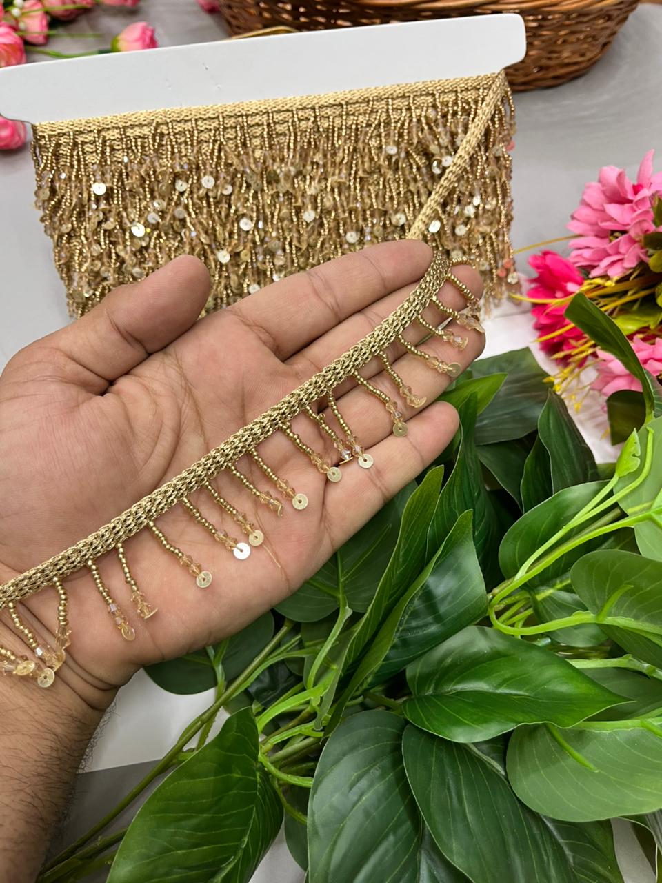 Beaded Hanging Tassel Lace with Sequins – Premium 2 Inch Latkan Style Decorative Border for Ethnic & Festive Wear (9 Meter) | Antique