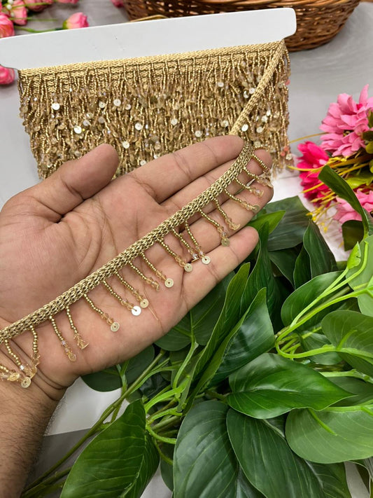 Beaded Hanging Tassel Lace with Sequins – Premium 2 Inch Latkan Style Decorative Border for Ethnic & Festive Wear (9 Meter) | Antique