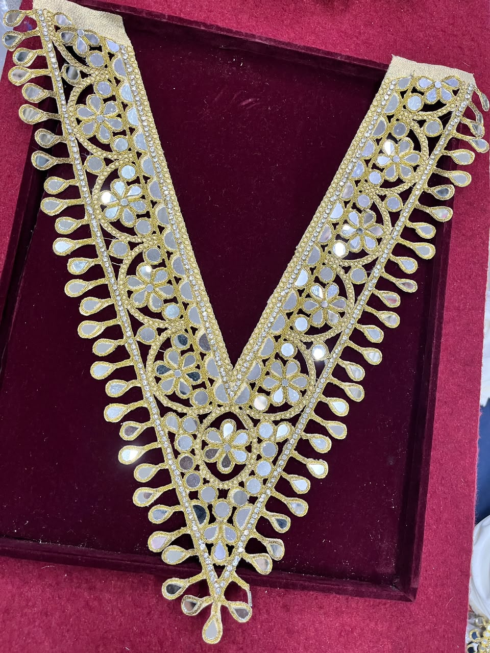 Real Mirror Work Neck Patch for Kurtis, Dresses & Blouses – Designer Handcrafted Mirror Neckline Applique | DC0984 | Antique