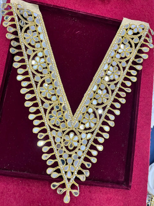Real Mirror Work Neck Patch for Kurtis, Dresses & Blouses – Designer Handcrafted Mirror Neckline Applique | DC0984 | Antique