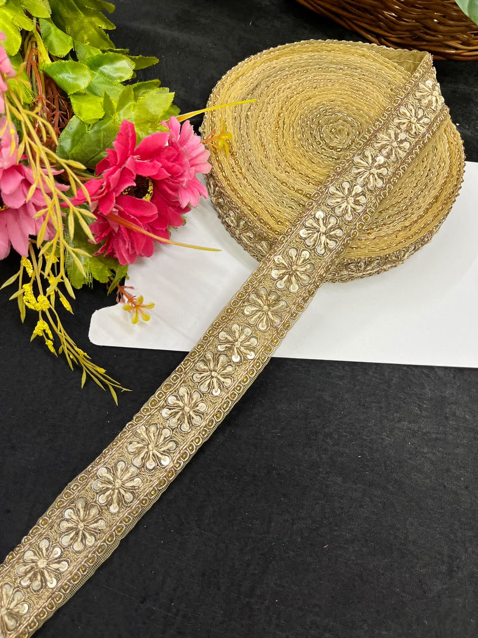 Handcrafted Aari Work Lace for Sarees, Lehengas, Dupattas & Blouses – Premium Handmade Embroidered Lace Border (1 Inch) | DC1055 | Antique