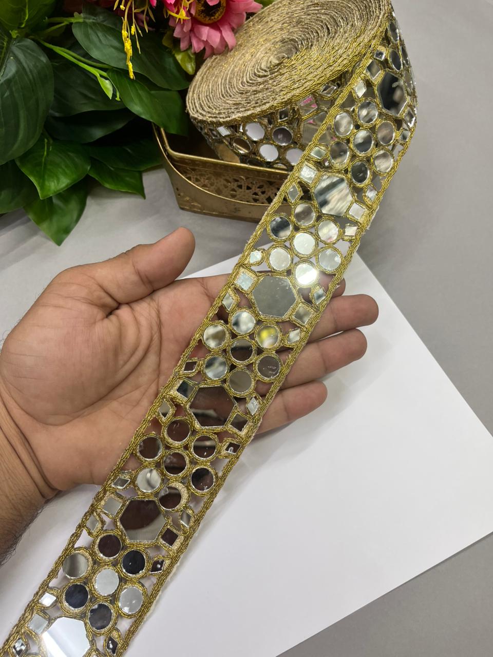 Beautiful Mirror Laces – Elegant 2 Inch Decorative Border for Sarees, Dupattas & Ethnic Wear (9 Meter) | Antique
