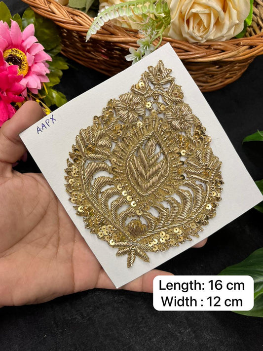 Zardozi Cutwork Patch for Lehengas, Sarees & Blouses – Designer Handcrafted Embroidered Applique Patch | Antique Color