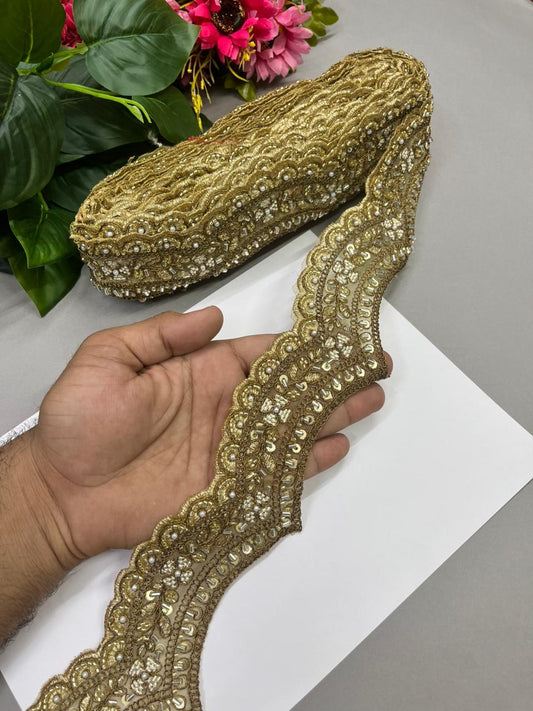 Cutdana Work Scalloped Zari Lace – Premium 2 Inch Gold Embroidered Decorative Border for Bridal & Festive Wear (9 Meter) | Antique