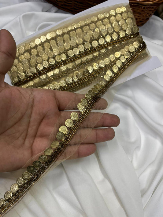 Handmade Coin Lace with Cutdana for Sarees, Kurtis & Dresses – Decorative Ethnic Handcrafted Lace Border | Antique