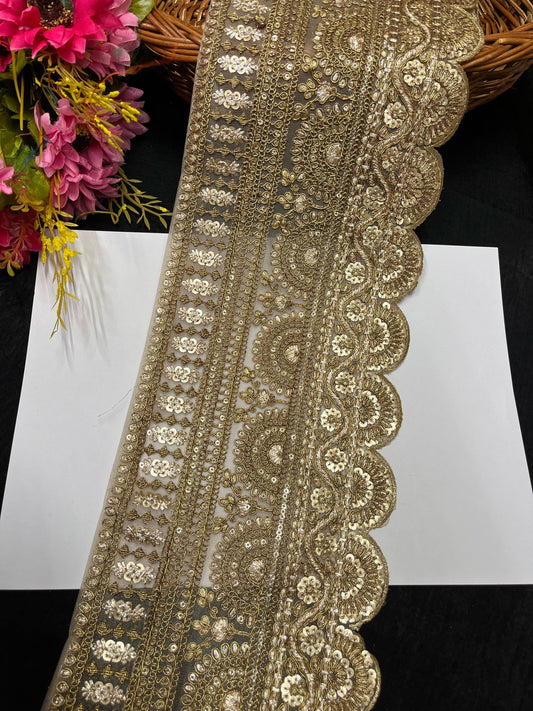 Scalloped Gold Embroidered Lehenga Lace Border – 9 Meters, 6.5-Inch Heavy Designer Trim for Sarees, Dupattas & Bridal Wear - Antique