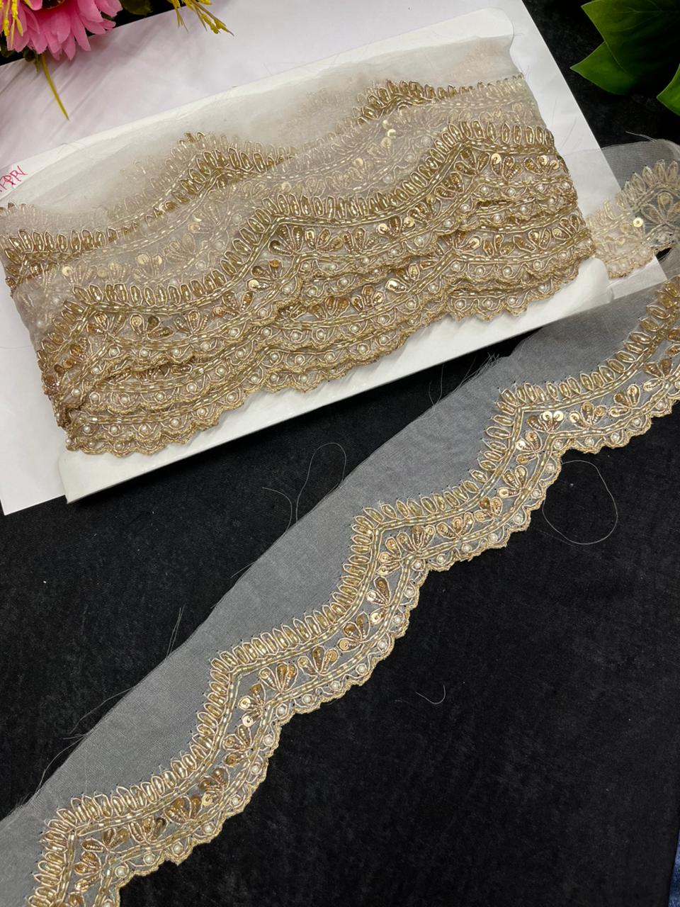 Scalloped Zardozi Borders – Premium 1 Inch Handmade Decorative Lace for Bridal & Ethnic Wear (9 Meter) | Antique