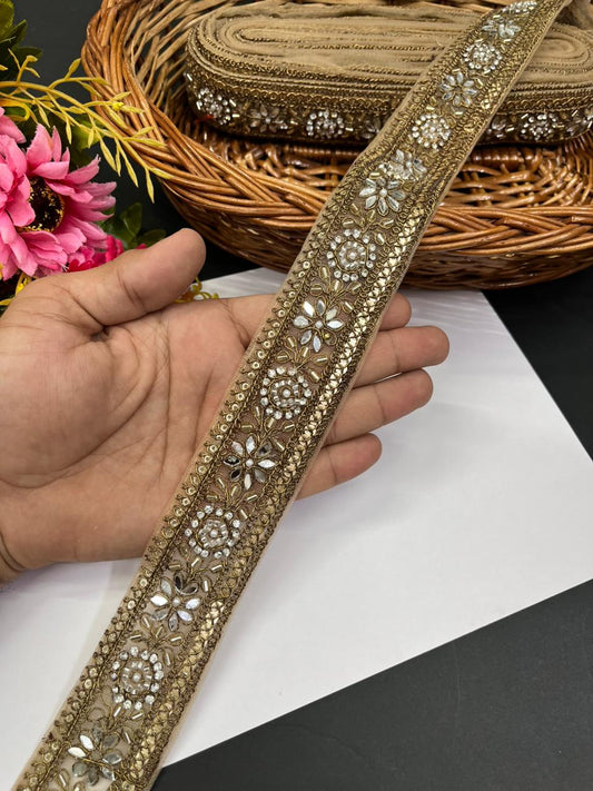 Elegant Real Mirror Lace with Rhinestone – Premium 1.5 Inch Designer Mirror Work Border for Sarees, Dupattas & Lehengas (9 Meter) | Antique