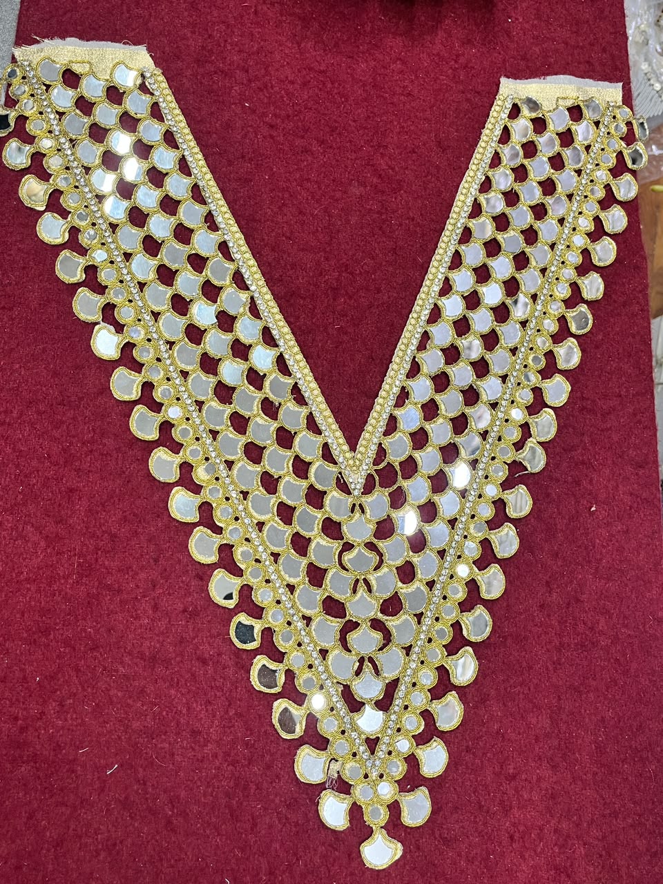 Real Mirror Work Neck Patch for Kurtis, Dresses & Blouses – Designer Handcrafted Mirror Neckline Applique | DC0992 | Antique