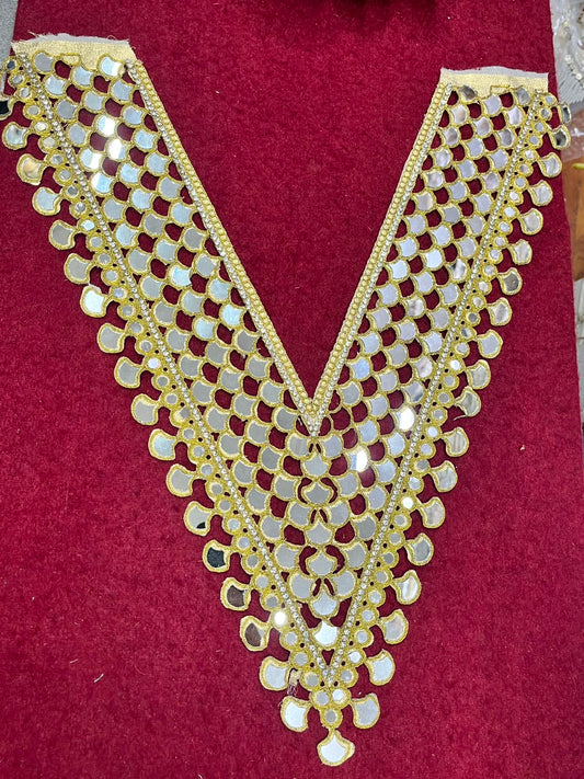 Real Mirror Work Neck Patch for Kurtis, Dresses & Blouses – Designer Handcrafted Mirror Neckline Applique | DC0992 | Antique