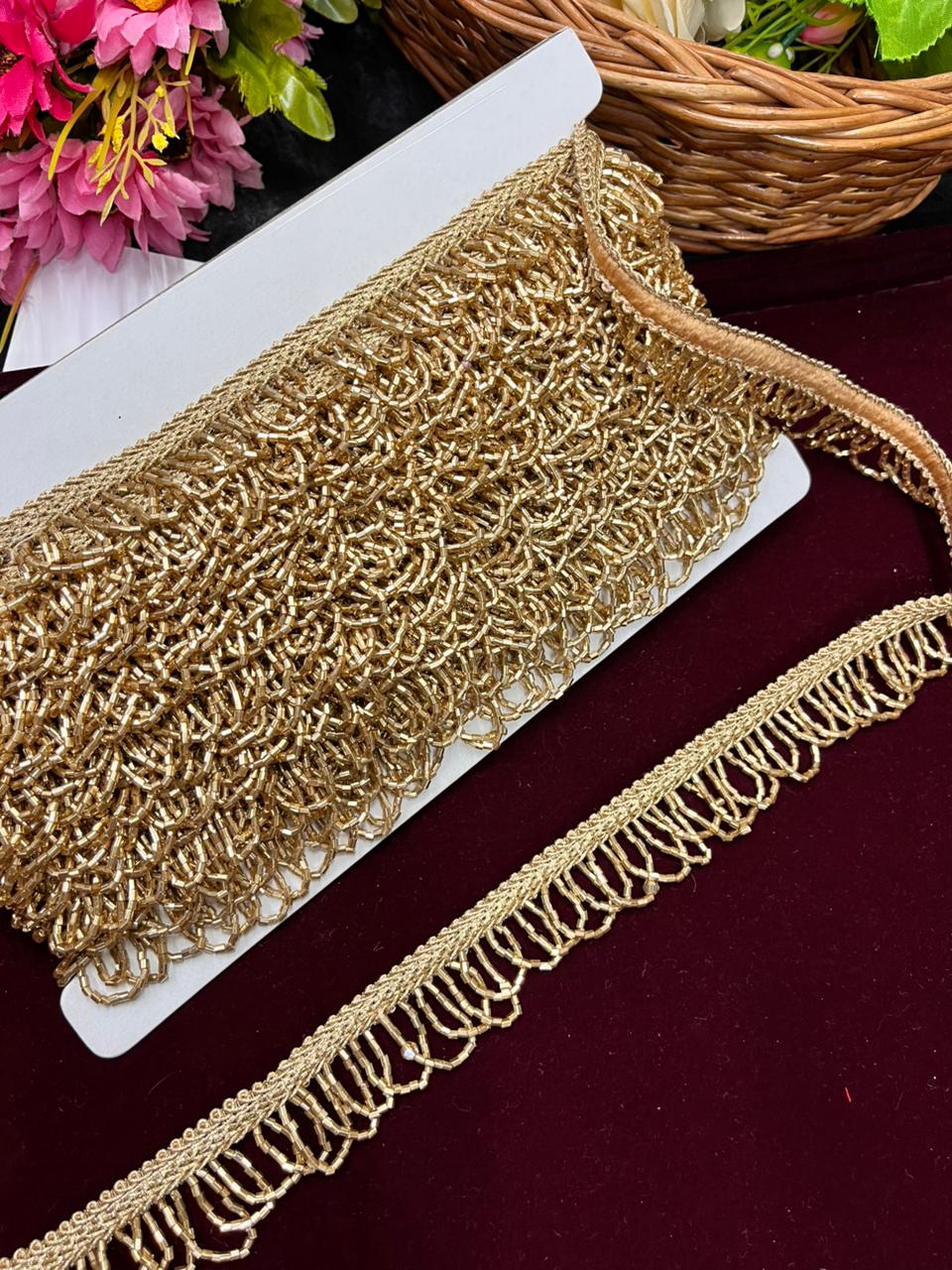 Designer Cutdana Hanging Lace for Sarees, Lehengas & Dupattas – Premium Latkan Lace Border with Cutdana Work (1 Inch) | Antique