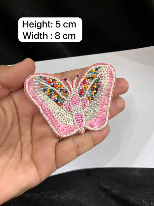 Beaded Butterfly Patch Applique for Sarees, Blouses & Dresses – Designer Embroidered Butterfly Motif Patch | Baby Pink