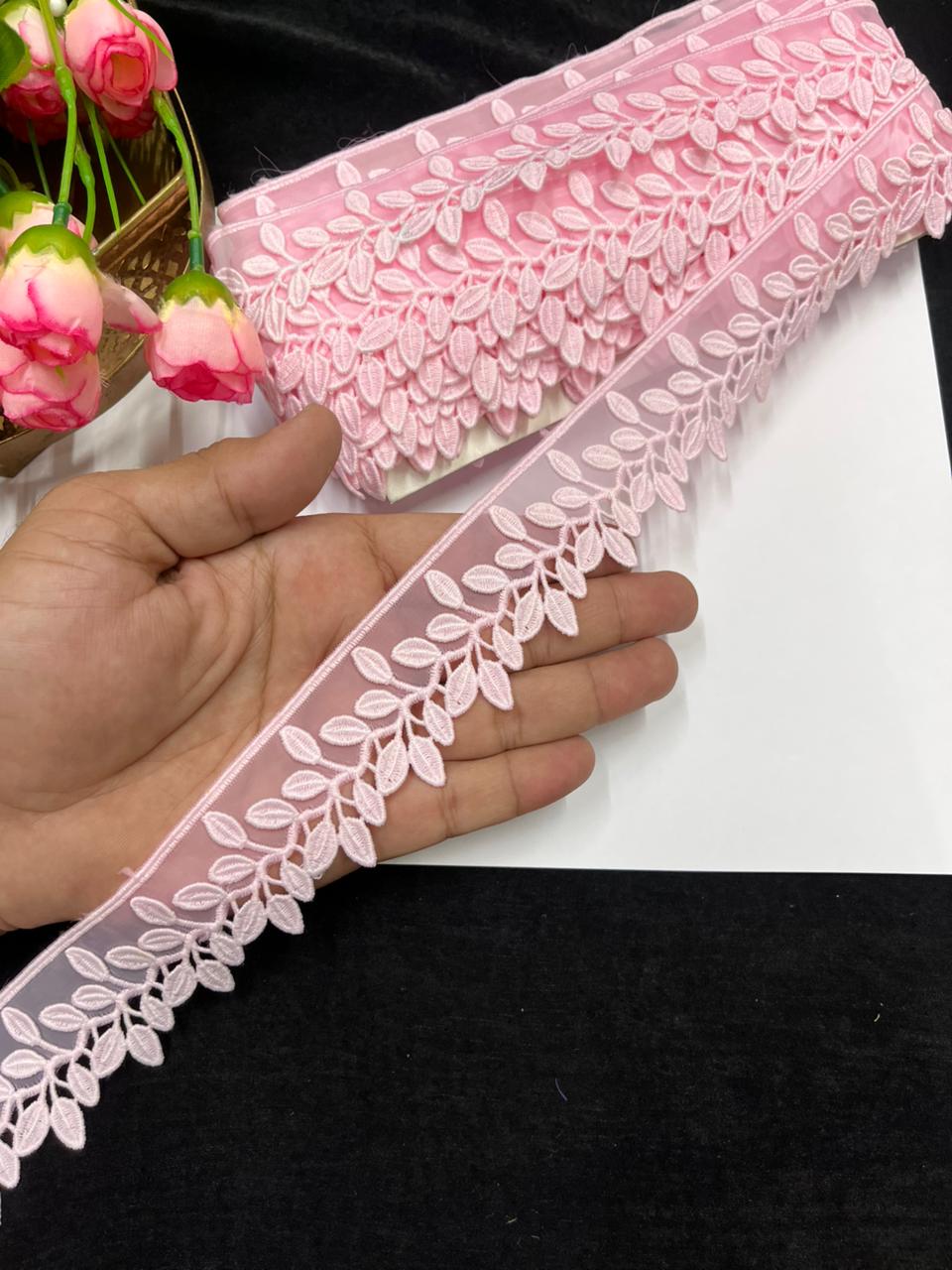 Beautiful Imported Organza Lace Trim for Sarees, Dresses & Kurtis – Designer Soft Organza Lace Border (1.5 Inch) | Baby Pink