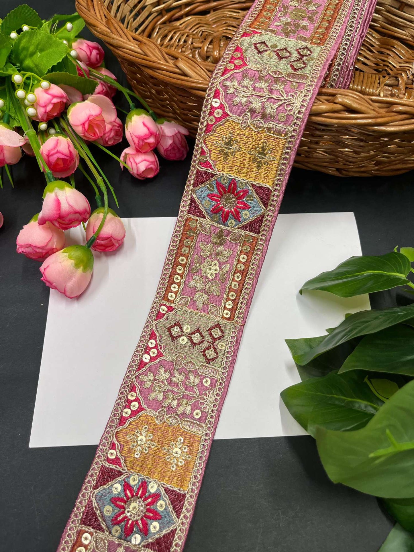 Sabyasachi Inspired Embroidered Sari Border with Zari & Sequin – 9 Meters, 2.5-Inch Designer Lace for Sarees & Lehengas | Baby Pink