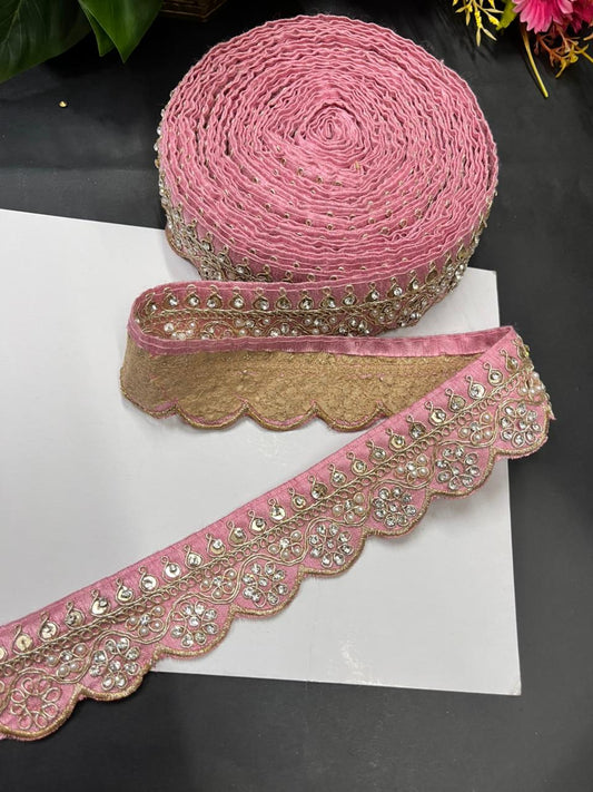 Scalloped Stonework Designer Laces – Elegant Embroidered Border Trim for Sarees, Dupattas & Lehengas (9 Meter, 1.5 Inch Width) | Baby Pink