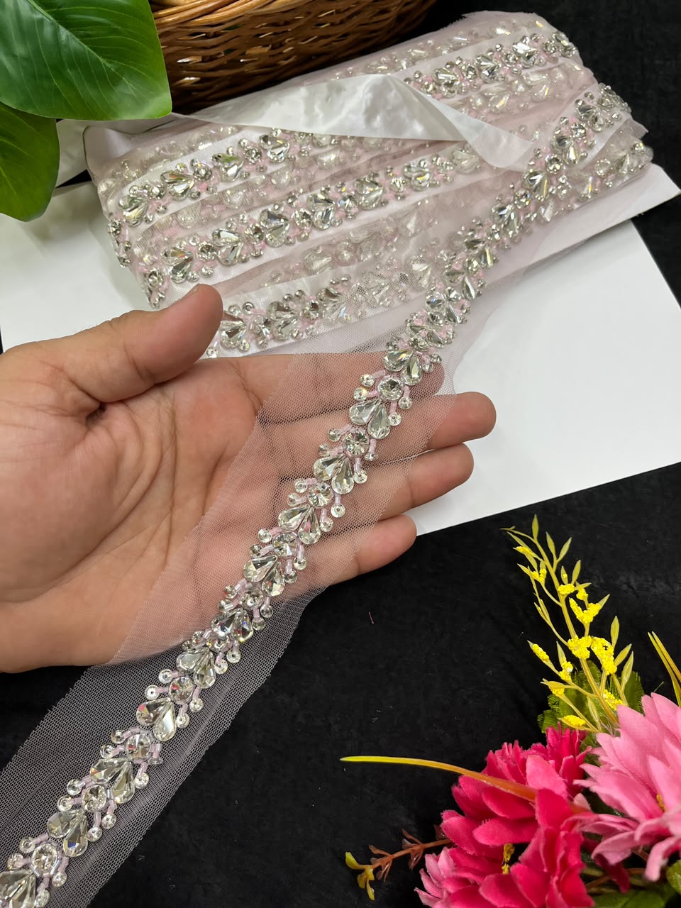 Designer Handmade Crystal Lace for Sarees, Lehengas & Dupattas – Premium Decorative Crystal Lace Border (1 Inch) | DC1012 | Baby Pink
