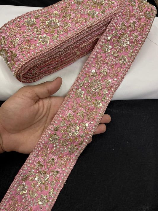 Maggam Work Lace for Sarees & Bridal Wear – Designer Embroidered Lace Border for Lehengas, Blouses & Dupattas (3 Inch) | Baby Pink