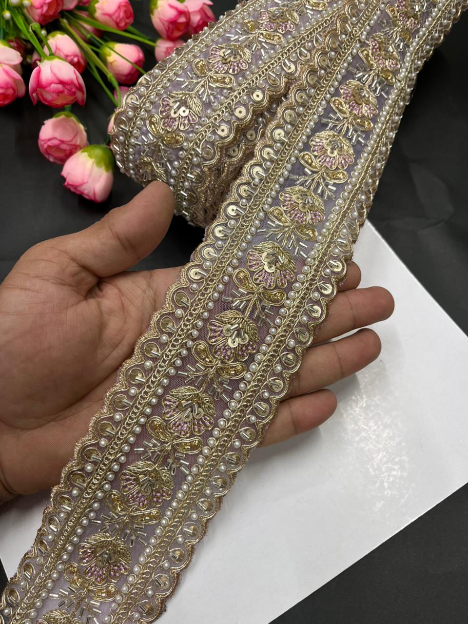 Luxurious Beaded Cutdana Bridal Saree Laces – Heavy Maggam Work Borders for Sarees, Dupattas & Lehengas (9 Meter, 2.5 Inch Width) | Baby Pink
