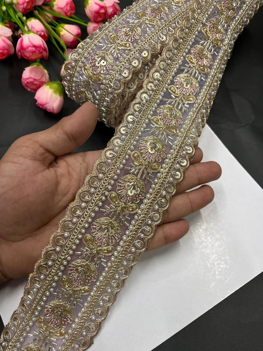 Luxurious Beaded Cutdana Bridal Saree Laces – Heavy Maggam Work Borders for Sarees, Dupattas & Lehengas (9 Meter, 2.5 Inch Width) | Baby Pink