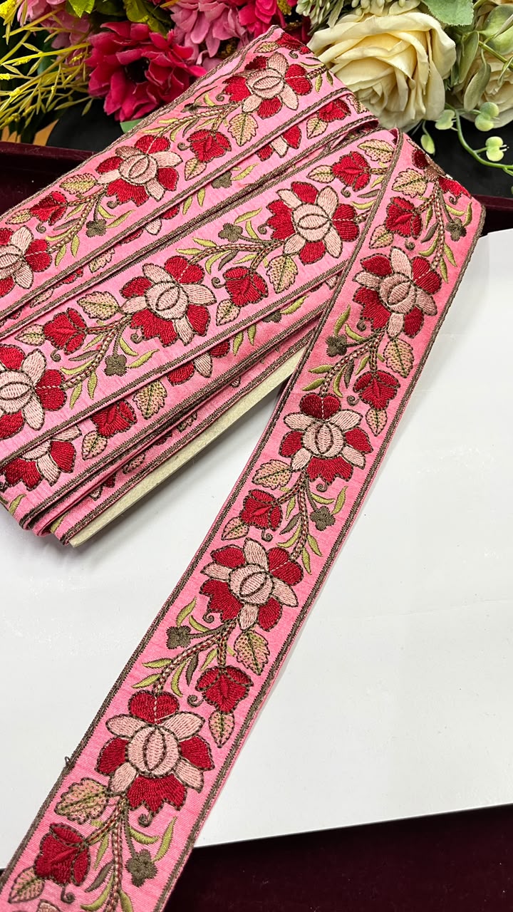 Exclusive Parsi Gara Work Lace for Sarees, Lehengas, Dupattas & Blouses – Designer Thread Embroidery Lace Border (2 Inch) | DC1071 | Baby Pink