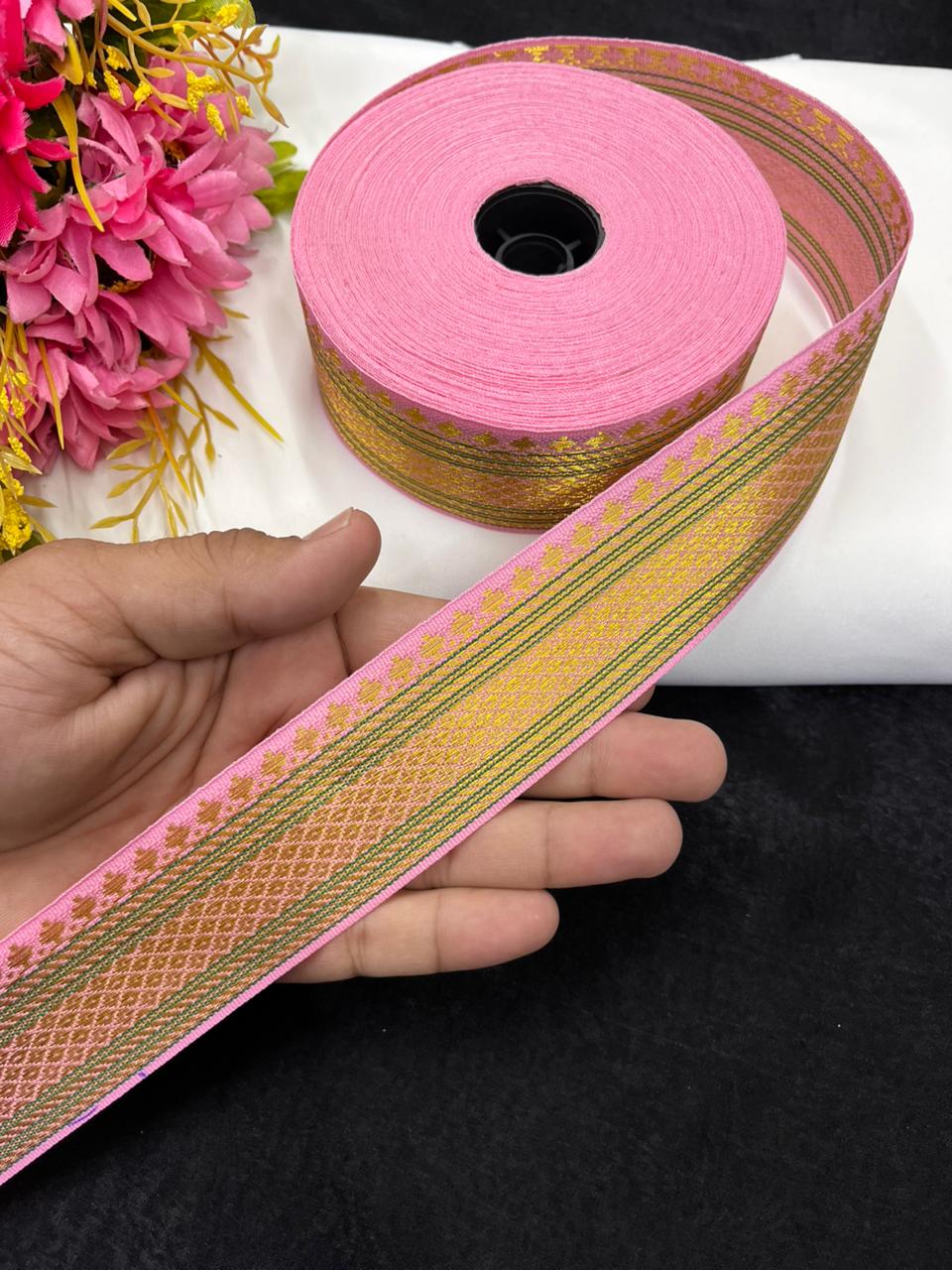 Beautiful Banarasi Border Lace – 9 Meter, 1.5 Inch Width – Traditional Embellished Trim, Baby Pink