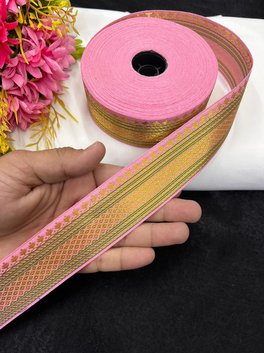 Beautiful Banarasi Border Lace – 9 Meter, 1.5 Inch Width – Traditional Embellished Trim, Baby Pink