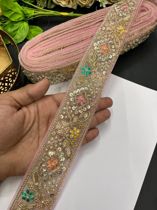Designer Maggam Work Laces for Sarees – Premium 2 Inch Hand-Embellished Border for Lehengas, Dupattas & Bridal Wear (9 Meter) | Baby Pink