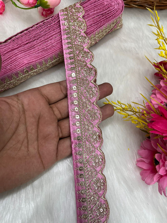 Embroidered Designer Lace – Indian Wedding Trims, Saree Border, 1.5 Inch Wide Lace Reel (9 Mtr) | Baby Pink