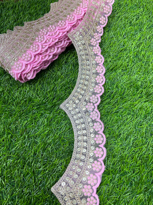 Embroidery Scallop Lace | Sequins Embellishment Trim | Craft Decorative Saree Lace – 9 Meters, 2-Inch Width | Baby Pink