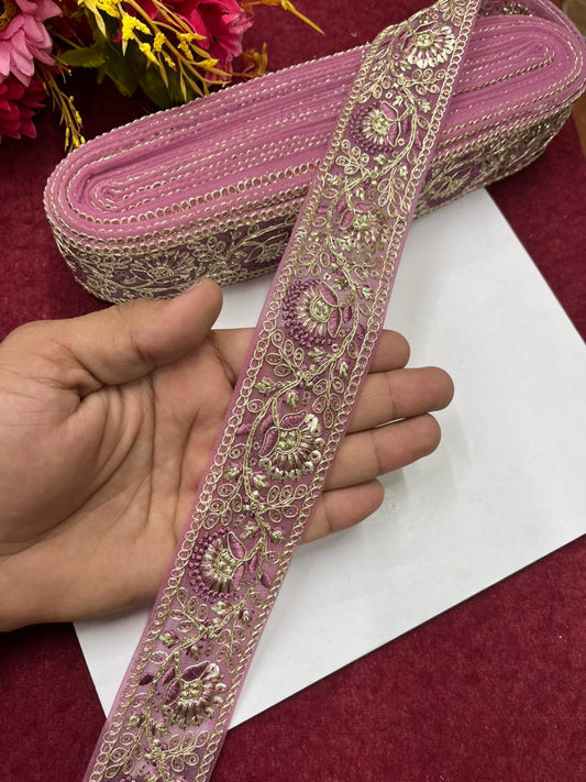 Sequins Work Zari Embroidered Laces – Premium Designer Borders for Sarees, Lehengas & Dupattas (9 Meter, 1.5 Inch Width) | Baby Pink