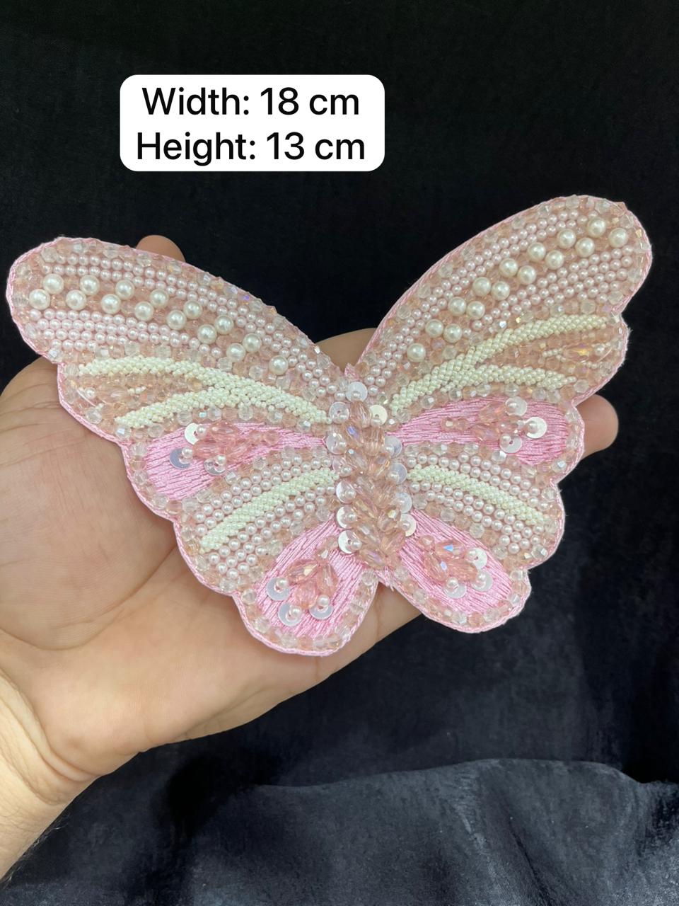 Handcrafted Crystal Butterfly Decorative Patch – Premium Designer Embellished Applique for Dresses & Ethnic Wear | Baby Pink