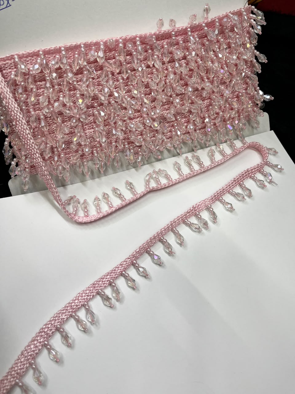 Crystal Drop Latkan Lace for Dupattas, Blouses, Sarees & Lehengas – Designer Hanging Crystal Lace Border (1 Inch) | DC1047 | Baby Pink