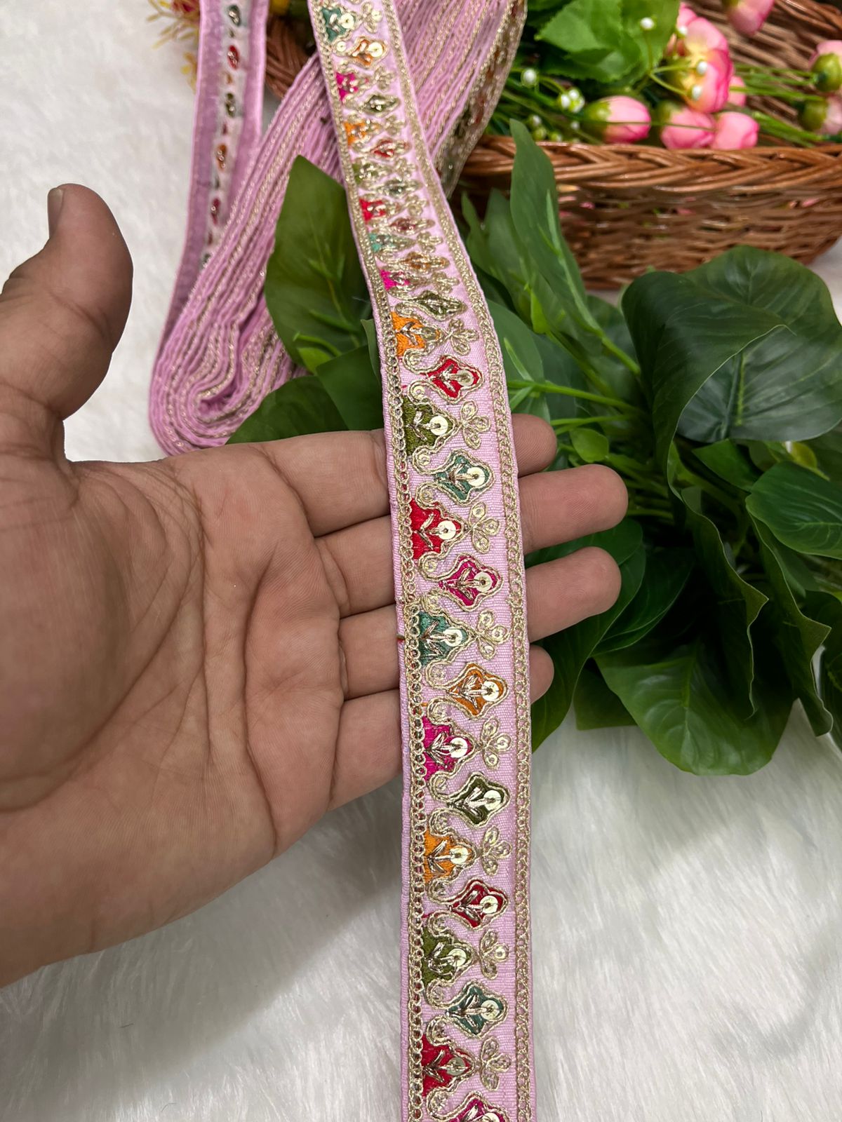 Sabyasachi-Inspired Embroidered Designer Lace Border – 9 Meter Roll, 1 Inch Wide for Ethnic & Creative Projects | Baby Pink